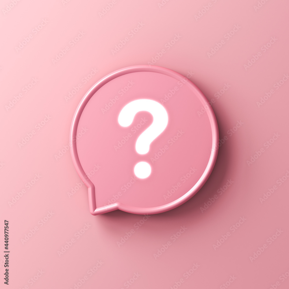 Poster Neon light question mark icon in pink rounded speech bubble pin isolated on pink pastel color background with shadow 3D rendering