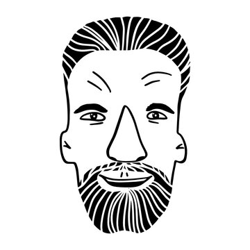 Young man with beard and short hair, vector portrait in doodle style, black and white logo