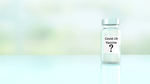 Le flacon d'injection sur la table contient un vaccin Covid-19. Les personnes qui marchent peuvent &ecirc;tre des chercheurs ou des patients. Le point d'interrogation symbolise le choix du vaccin. 