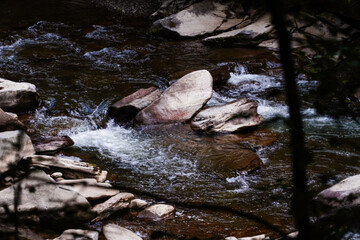 rough water in the mountains, water flows over the rocks, forest, nature, mountains, waterfall, background