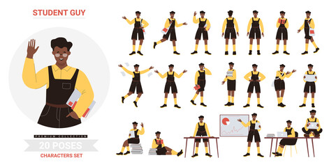 African american black student boy poses vector illustration set. Cartoon flat young male character standing in different postures, waving, cheerful guy casual clothes studying books aptop isolated
