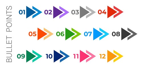 Colourful arrows set isolated on white background. Bullet points numbers from one to twelve. - obrazy, fototapety, plakaty