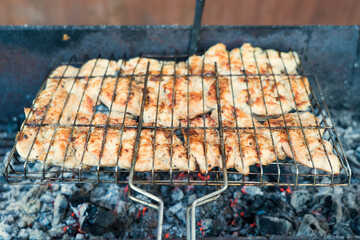 Several pieces of white poultry meat are fried over coals in a steel grate. The meat has a crispy surface. Perspective view. Background.