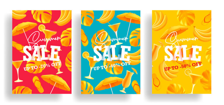 Set of summer sale posters or web banners with mono color modern print pattern of yellow summer vacation attributes