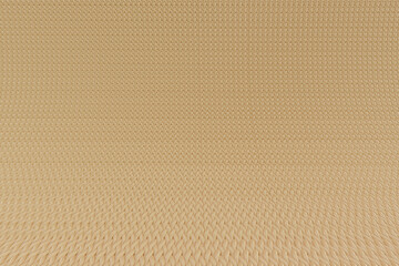 Openwork wicker ornamental canvas in color of Desert Mist, with vertically alternating stripes of spikelets stretched on wall smoothly passing to floor. Designer textile background, 3D illustration.