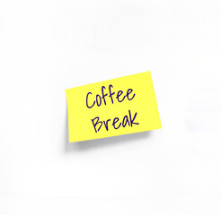 Isolated Yellow sticker with Coffee Break Handwriting text on white Whatman paper. Concept programming, testing, business. Handwriting text, copy space