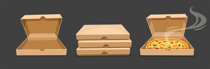 Pizza boxes. Closed and open bardboard box. Opened pizza fast food takeaway packaging with smoke. Simple flat style. Illustration.