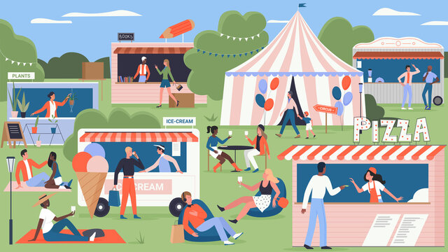 Street Market Fair, Fast Food Festival In City Park Vector Illustration. Cartoon Summer Fest, Pizza, Ice Cream Kiosk Marketplace And Circus With Crowd Of Walking Friends, Family People Background