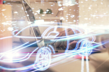 Double exposure of woman hands typing on computer and automobile theme drawing. High Tech concept.