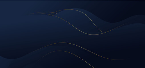Abstract luxury blue wave shape with gold stripes lines on dark blue background.
