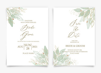 Wedding invitation card with elegant greenery watercolor leaves style collection design, watercolor texture background, brochure, invitation template.