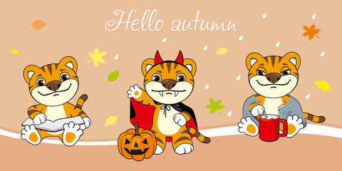 Hello autumn 2022. Vector illustration of tiger cubs from three autumn months