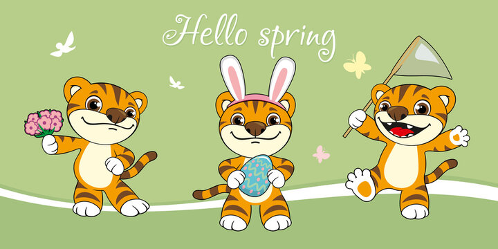 Hello spring 2022. Vector illustration of tiger cubs from three spring months