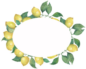 Yellow lemons design oval frame invitation, rustic wedding. Watercolor saves the date card. Summer mood, style, botanical elements on a white background.