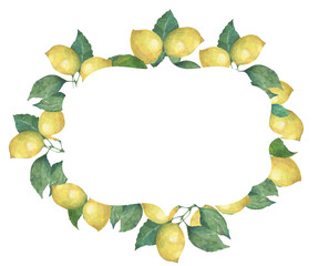 Watercolor lemon frame elegant shape, greenery, lemons on branches. 