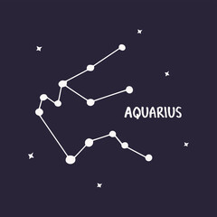 Aquarius constellation. Colorful vector hand drawn illustration blue background with stars. Space of the universe, astronomy, zodiac sign