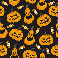 Halloween seamless pattern. Endless background with pumpkins and sweets. Cute pumpkins in a simple hand drawn cartoon style on a black background.