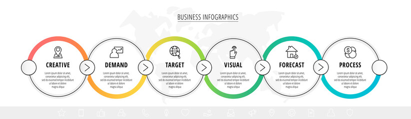 Business vector infographics with 6line circles. Timeline visualization with six steps for diagram, flowchart, banner, presentations, web, content, levels, chart, graphic