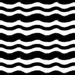 Vector black wave lines on seamless pattern. Free brush spots background. Strips art imitation.