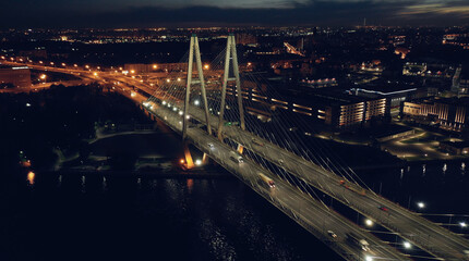 Fototapeta na wymiar Aerial top view of bridge road automobile traffic of many cars, transportation concept
