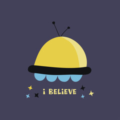 Flying saucer. UFO. Colorful print vector illustration hand drawn. World UFO day