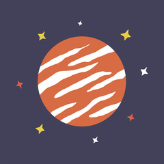 Planet and stars in outer space. Colorful hand drawn vector illustration. Jupiter red with stars print