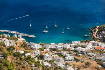 View of Panteli overlooking the bay of the same name on the east coast of the Greek island of Leros in the Dodecanese
