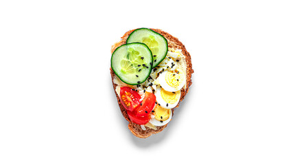 Bruschetta with cream cheese, quail eggs and vegetables isolated on a white background. Rye bread toast. Sausage sandwich. Sandwich with vegetables and cheese.