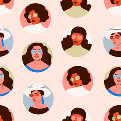 Beautiful Women in sunglasses looking at camera. Closeup round portraits of cute young ladies. Hand drawn Vector seamless Pattern. Background, wallpaper