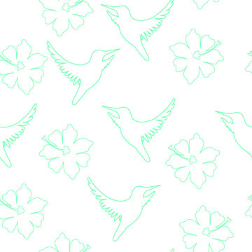vector pattern with hummingbirds and flowers. flat image of a flower pattern. flying hummingbird