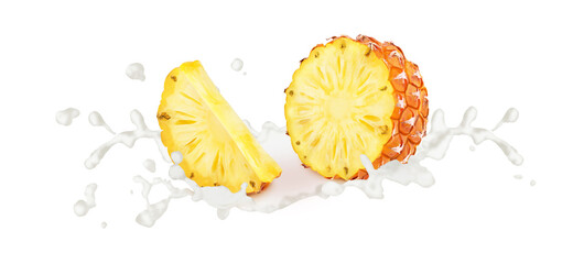 Cutted pineapple in milk splashes isolated on white background.