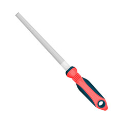 Vector Carpenter's File with a rubber red handle in cartoon style. Carpenter's iron Tool for processing and grinding wood.manual equipment for construction and repair.
