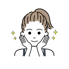 頬をおさえながらスキンケアをするポニーテールの女の子