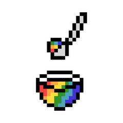 Obraz premium 2d 8 bit pixel art rainbow ice cream in a glass bowl with a spoon icon isolated on white background. Summer dessert. LGBT symbol. Vintage retro 80s, 90s computer, video game, slot machine graphics.