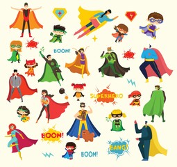 Vector illustrations in flat design of female and male superheroes in funny comics costume © virinaflora