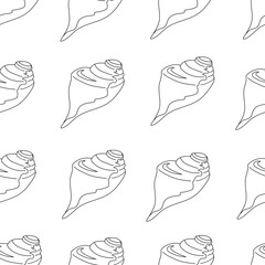 Outline seashells on a white background. Cartoon style wallpaper. Hand drawing. Vector illustration.