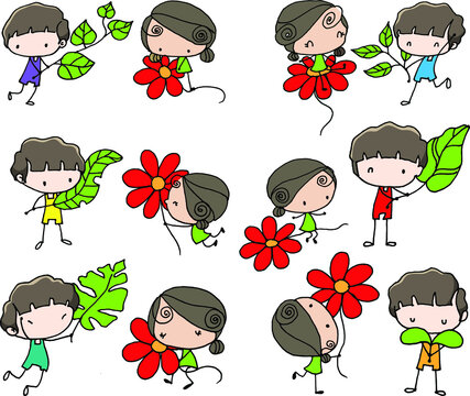 vector cartoon children boy and girl holding flowers leaf plant set