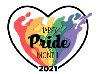 Pride month 2021 logo with rainbow paper cut heart. Pride symbol with heart, LGBT, sexual minorities, gays and lesbians. LGBTQ community and movement of sexual minorities.