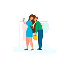 Couple taking selfie in a clothing store. Funny family in a modern flat cartoon style. Isolated vector illustration