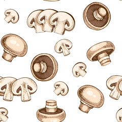 seamless pattern mushrooms champignons on a white background, hand-drawn flat illustration, delicate champignons of beige color, for printing on packaging and fabrics.