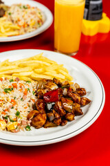 
Delicious Meal Plate Dish Japanese Seafood Menu Fried Rice Teriyaki On a Red Table