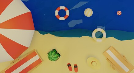 Summer themed 3d rendering on the beach and travel