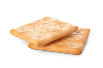 Tasty crackers on white background