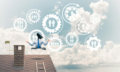 Concept of security and privacy protection with camera headed man meditating