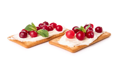 Tasty crackers with cheese and cranberry on white background