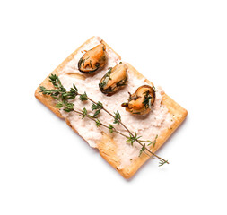 Tasty cracker with mussels and thyme on white background