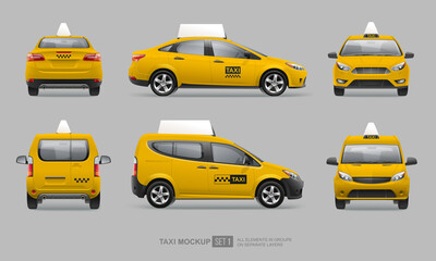 Set of Yellow taxi service car realistic vector template for mockup design. Yellow Taxi cab hatchback and sedan side view. City passenger transport  template for advertising design - obrazy, fototapety, plakaty