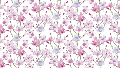 graceful seamless texture with simple sketching of twigs with pink flowers on white background. watercolor painting