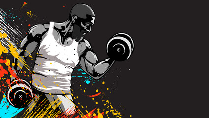 Bodybuilder vector illustration. Strict coach bodybuilding and fitness logo. Baner for sport gym.