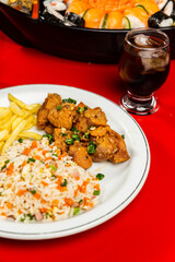 
Delicious Meal Plate Dish Japanese Seafood Menu Fried Rice Teriyaki On a Red Table